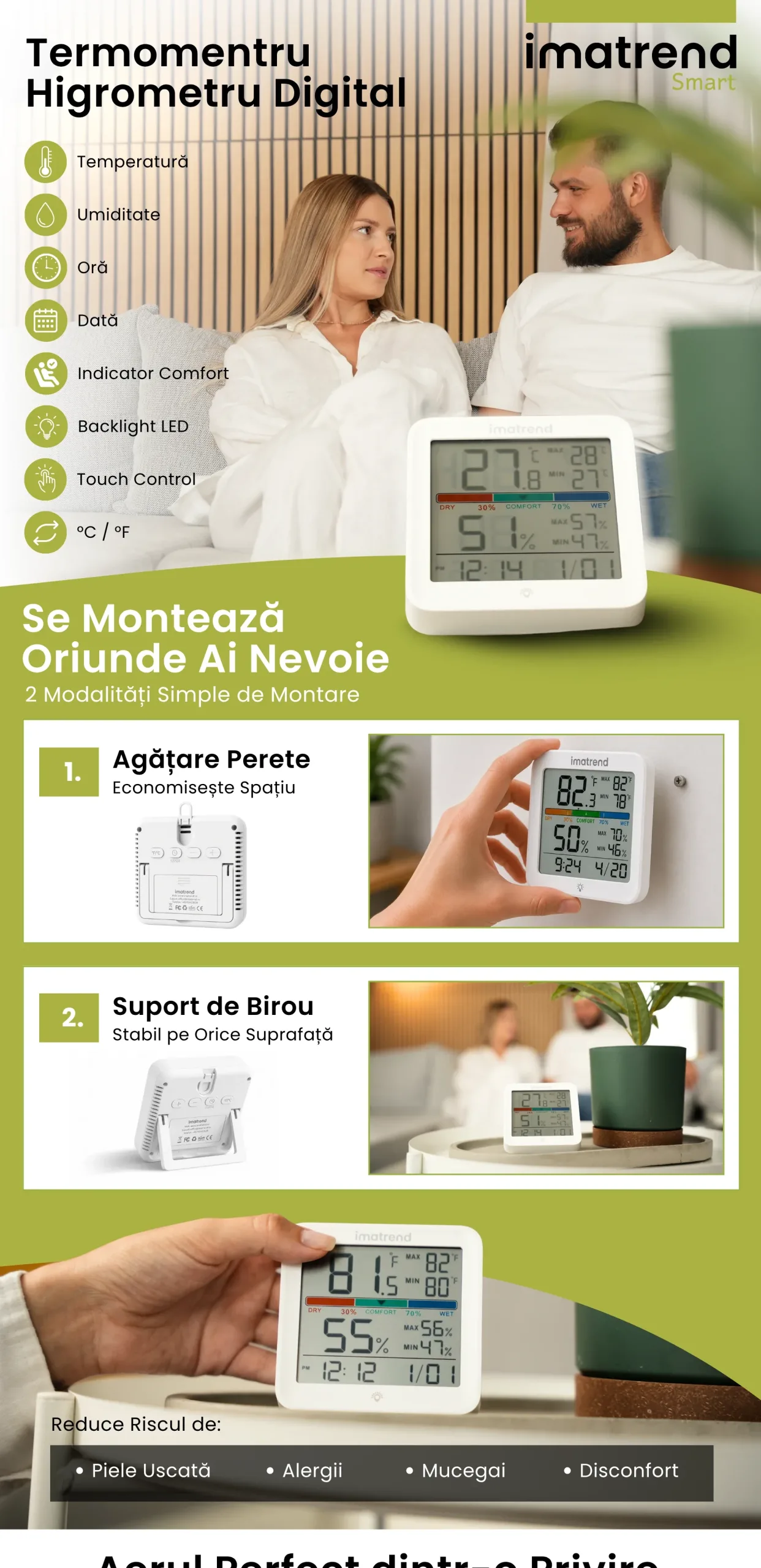 Descriere grafică pentru Higrometru digital IMA Trend, partea 1, cu principalele caracteristici și beneficii