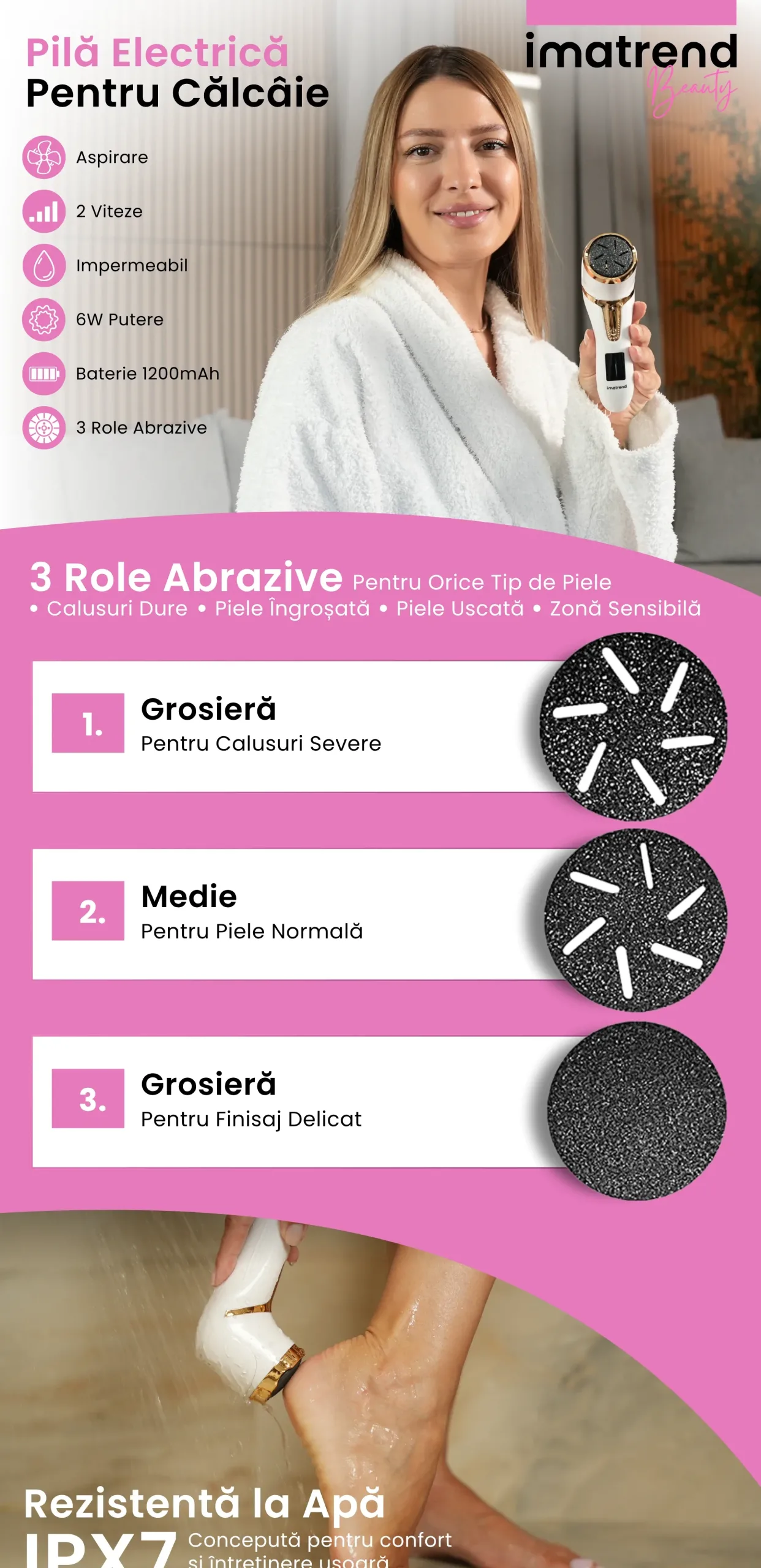 Descriere grafică pentru Pilă electrică pentru călcâie IMA Trend, model 1, albă, partea 1, cu principalele caracteristici și beneficii