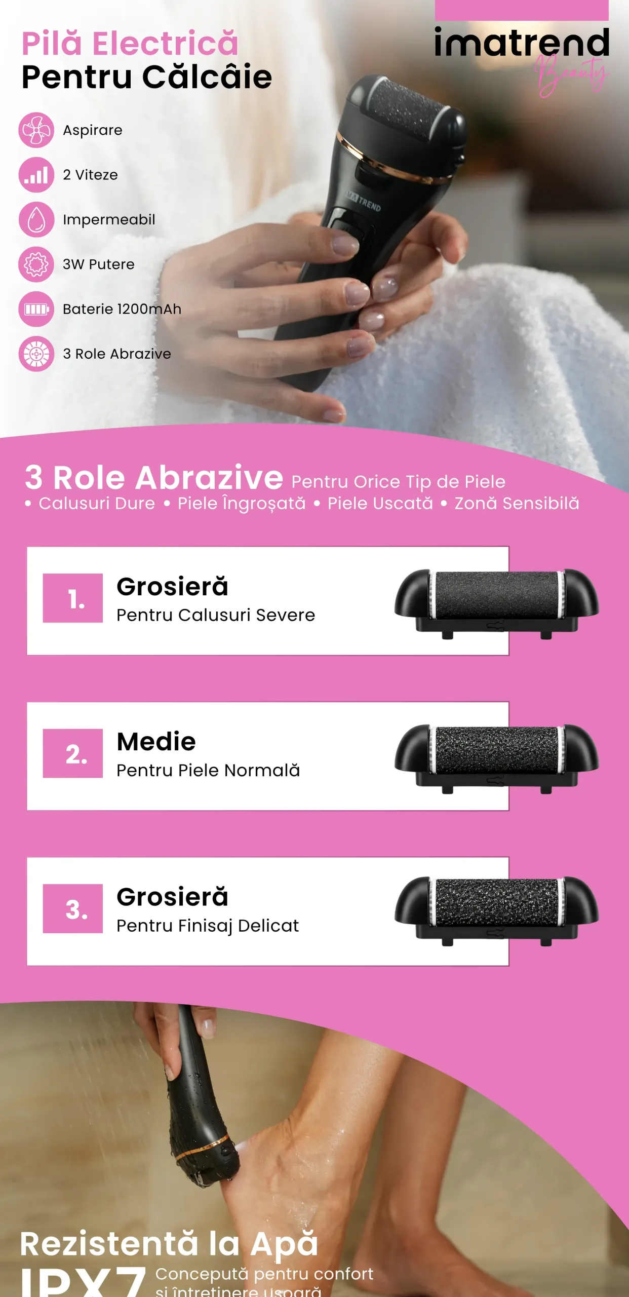 Descriere grafică pentru Pilă electrică pentru călcâie IMA Trend, model 2, partea 1, cu principalele caracteristici și beneficii