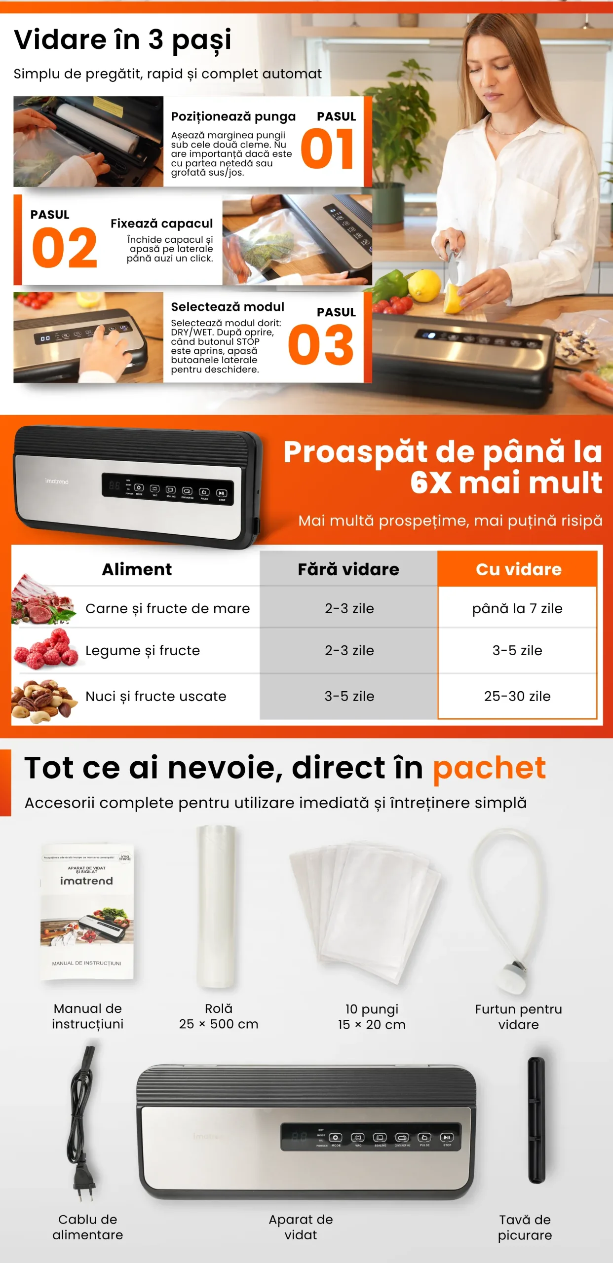 Descriere grafică pentru Aparat de vidat alimente IMA Trend, model 8867, partea 2, cu funcții, utilizare și detalii despre produs