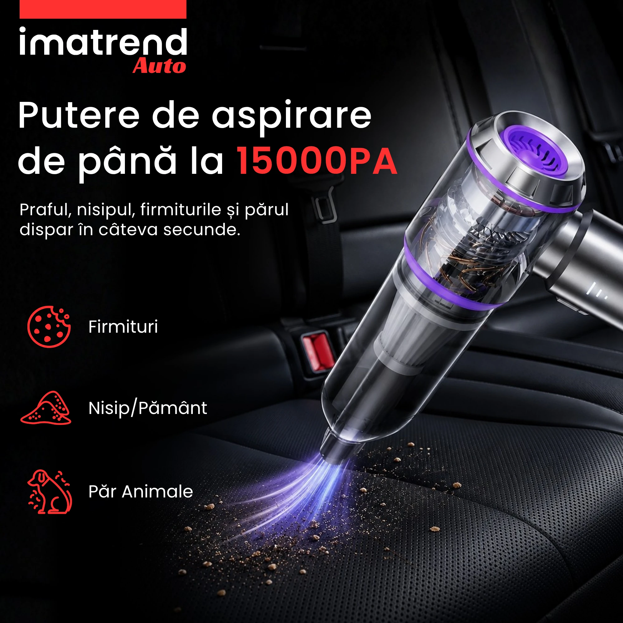 Aspirator auto IMA Trend cu putere de aspirare de până la 15000 Pa pentru firimituri, nisip, pământ și păr de animale