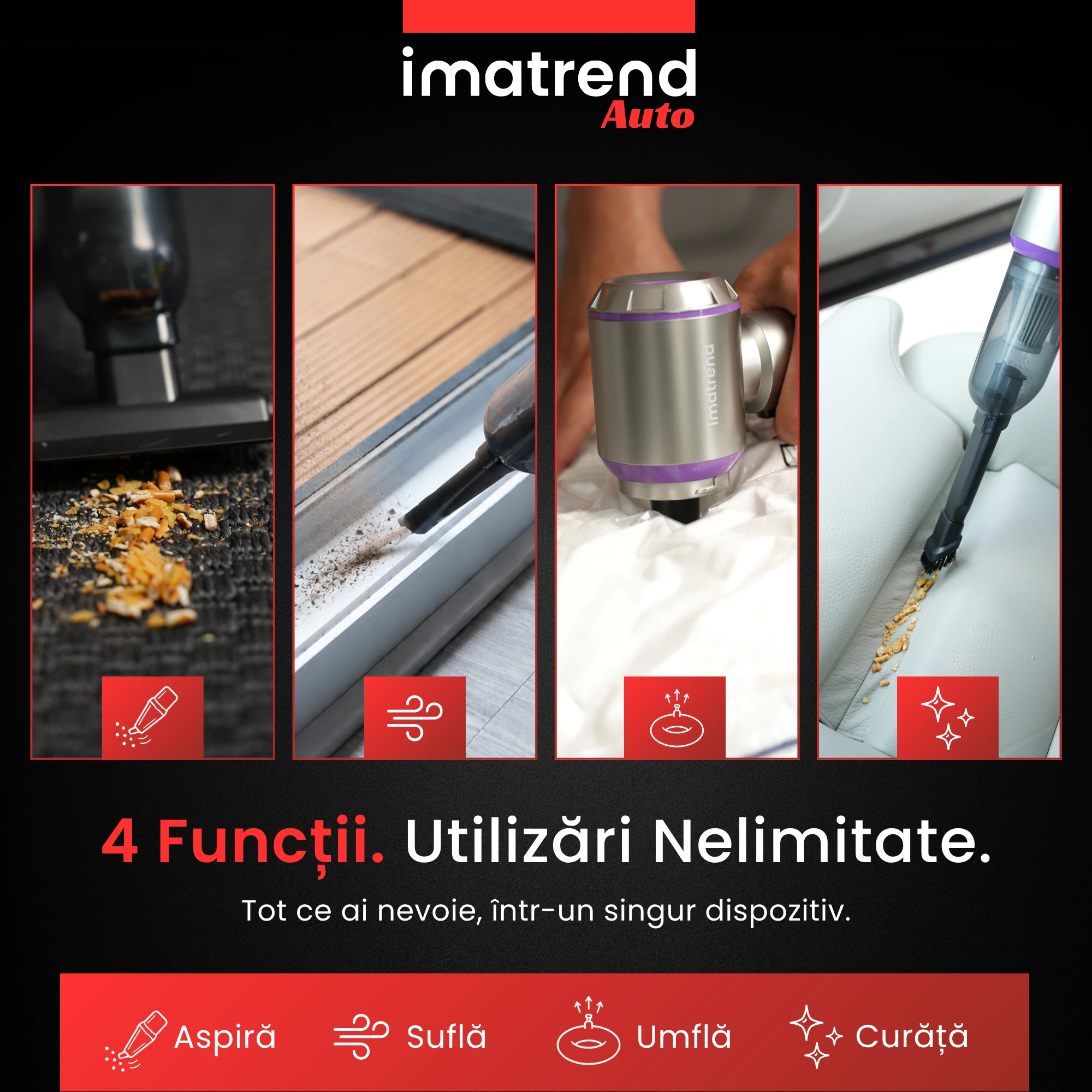 Aspirator auto portabil 4 în 1 IMA Trend folosit pentru aspirare, suflare, umflare și curățarea spațiilor înguste