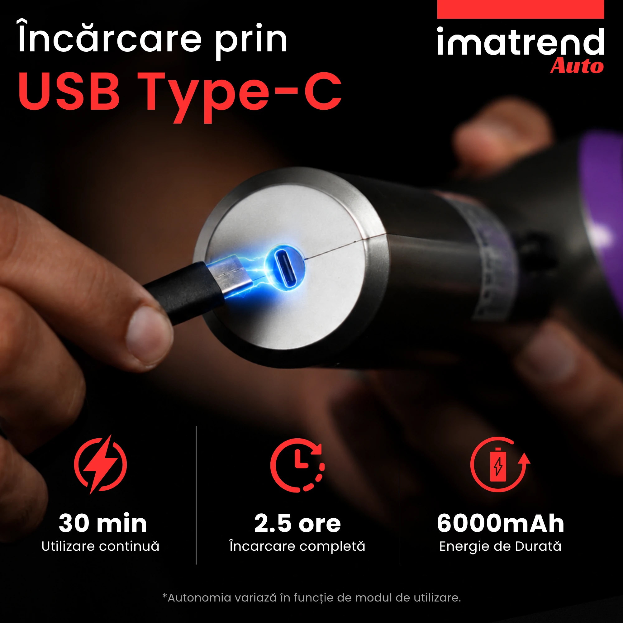 Aspirator auto reîncărcabil IMA Trend cu baterie de 6000 mAh, autonomie de până la 30 de minute și încărcare USB Type-C