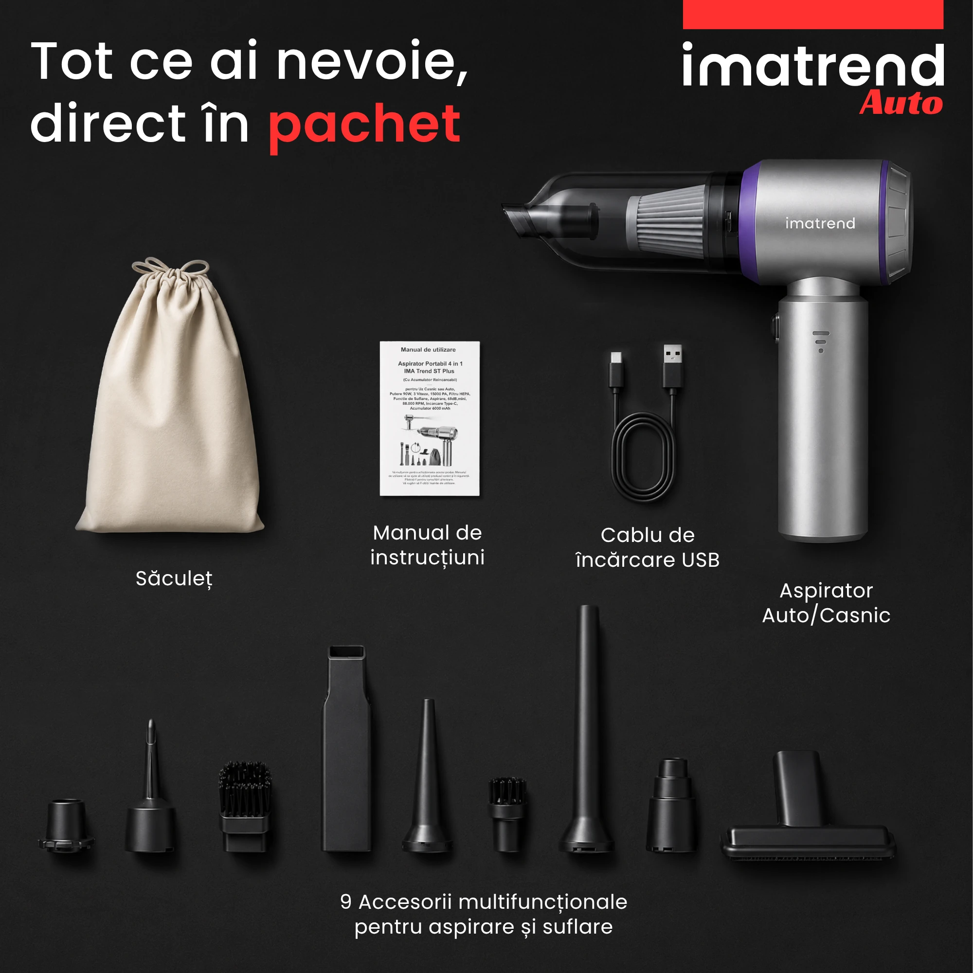 Conținut pachet aspirator auto IMA Trend: aparat, 9 accesorii multifuncționale, husă, cablu USB și manual de utilizare
