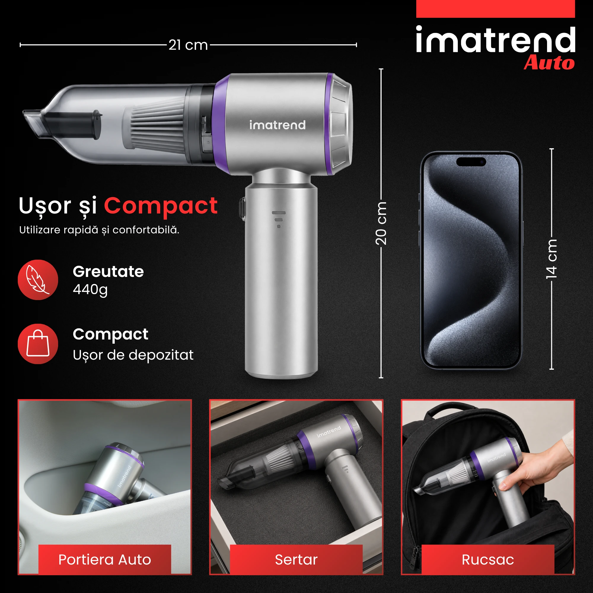 Aspirator auto compact IMA Trend, cu greutate de 440 g și dimensiuni reduse, ușor de păstrat în mașină, sertar sau rucsac