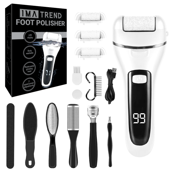 Pila electrica pentru talpi si calcaie IMA Trend, Display Digital, Led, Acumulator 1200 mAh, Incarcare USB, Impermeabil, 3 role, 2000 rpm, Accesorii incluse, Cadoul ideal, Indepartare piele moarta, Indepartare calus, Alba