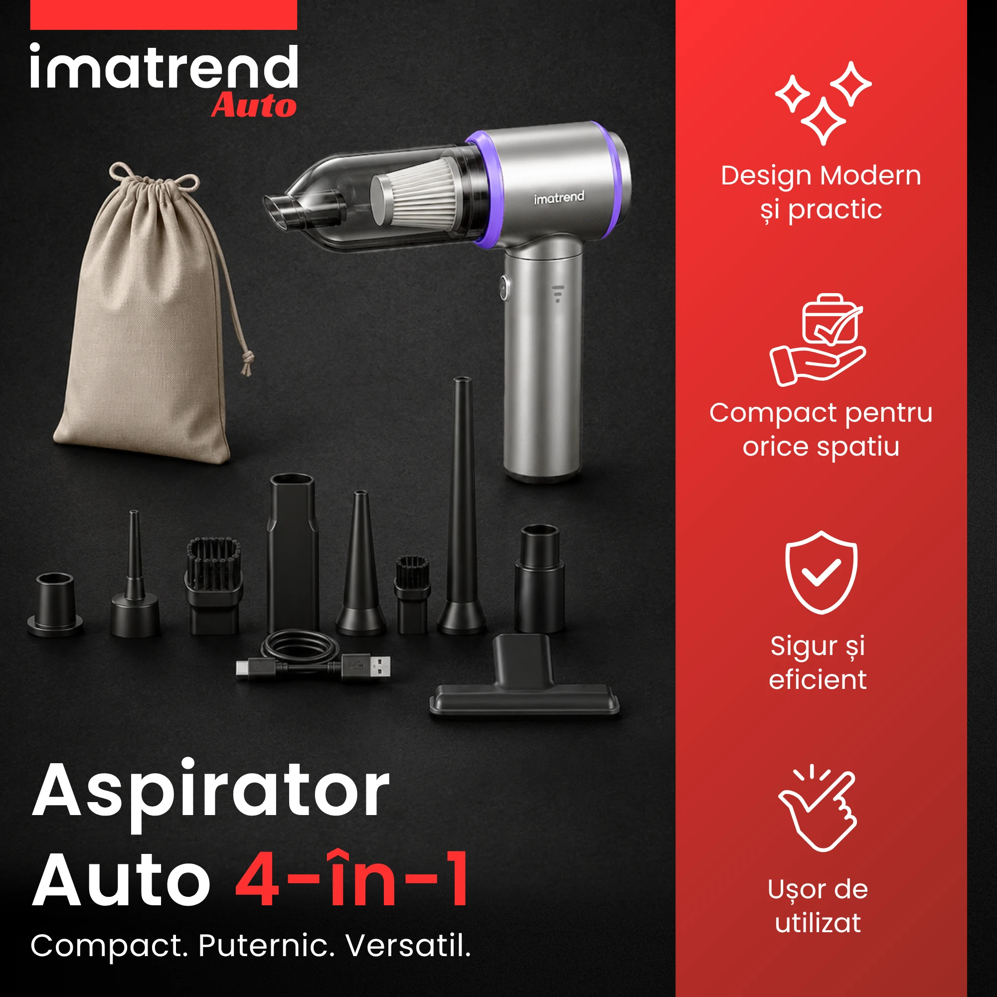 Aspirator auto 4 în 1 IMA Trend cu design modern și compact, prezentat împreună cu husa și accesoriile sale