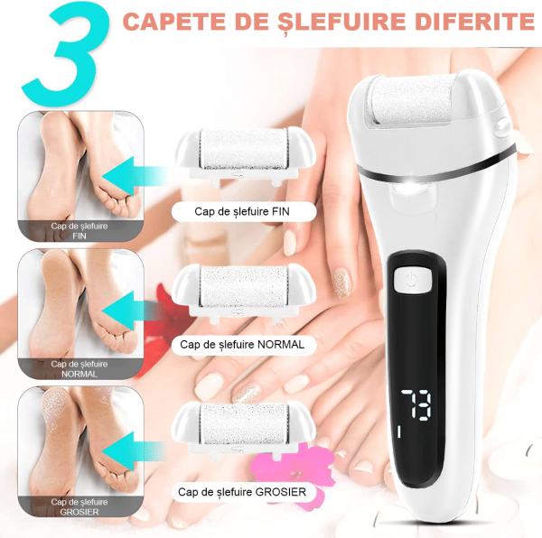Pila electrica pentru talpi si calcaie IMA Trend, Display Digital, Led, Acumulator 1200 mAh, Incarcare USB, Impermeabil, 3 role, 2000 rpm, Accesorii incluse, Cadoul ideal, Indepartare piele moarta, Indepartare calus, Alba - imagine 2