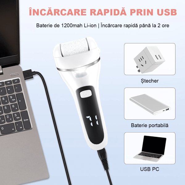 Pila electrica pentru talpi si calcaie IMA Trend, Display Digital, Led, Acumulator 1200 mAh, Incarcare USB, Impermeabil, 3 role, 2000 rpm, Accesorii incluse, Cadoul ideal, Indepartare piele moarta, Indepartare calus, Alba - imagine 7