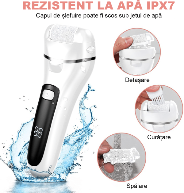Pila electrica pentru talpi si calcaie IMA Trend, Display Digital, Led, Acumulator 1200 mAh, Incarcare USB, Impermeabil, 3 role, 2000 rpm, Accesorii incluse, Cadoul ideal, Indepartare piele moarta, Indepartare calus, Alba - imagine 3
