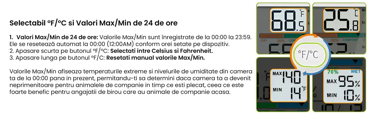 termometru higrometru selectare celsius fahrenheit