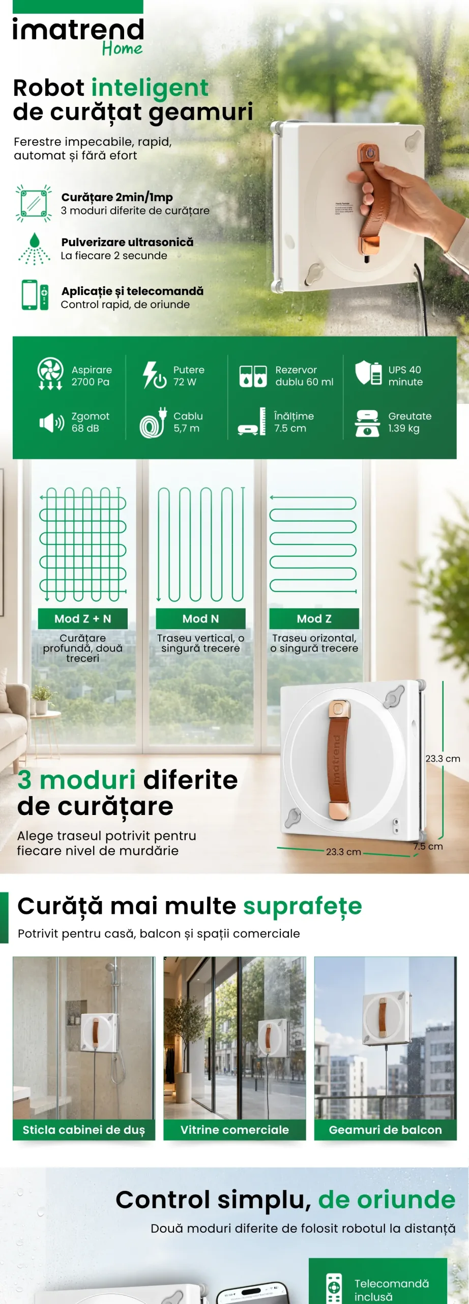 Descriere grafică pentru Robot pentru curățarea geamurilor IMA Trend, model A, alb, partea 1, cu principalele caracteristici și beneficii
