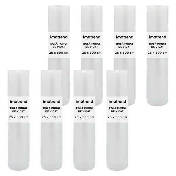 Set 8 role pungi de vidat gofrate IMA Trend pentru aparat de vidat– 25x500cm, Compatibilitate Universala, Transparenta