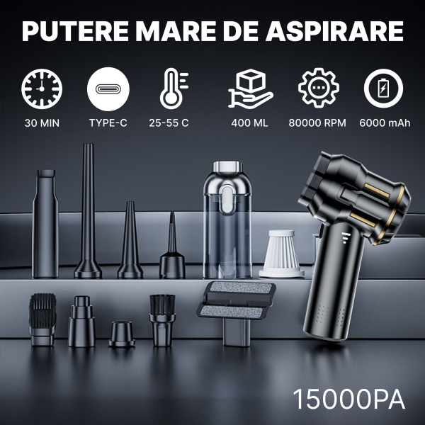 Aspirator Auto 4 în 1 IMA Trend, Portabil, 100W, 15000 Pa, Filtru HEPA, Suflare și Aspirare, USB-C, 6000 mAh, Negru - imagine 2