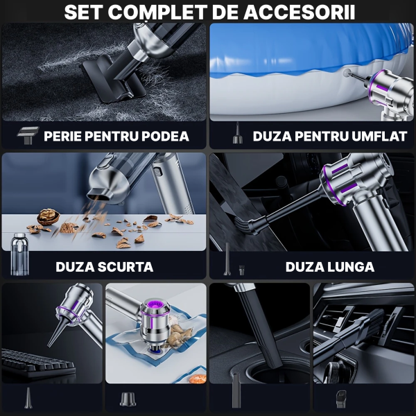Aspirator Auto 4 în 1 IMA Trend, Portabil, 100W, 15000 Pa, Filtru HEPA, Suflare și Aspirare, USB-C, 6000 mAh, Negru - imagine 4