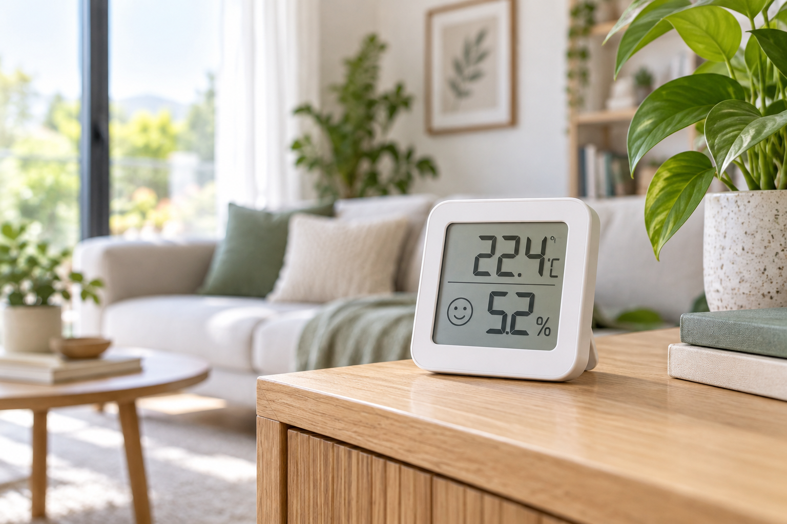 Higrometru digital care măsoară temperatura și umiditatea într-un living luminos