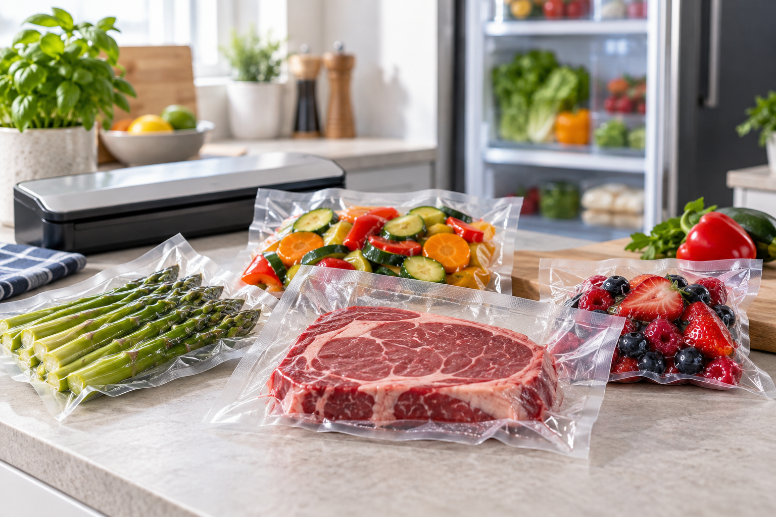 Carne, legume și fructe proaspete ambalate în pungi vidate într-o bucătărie luminoasă