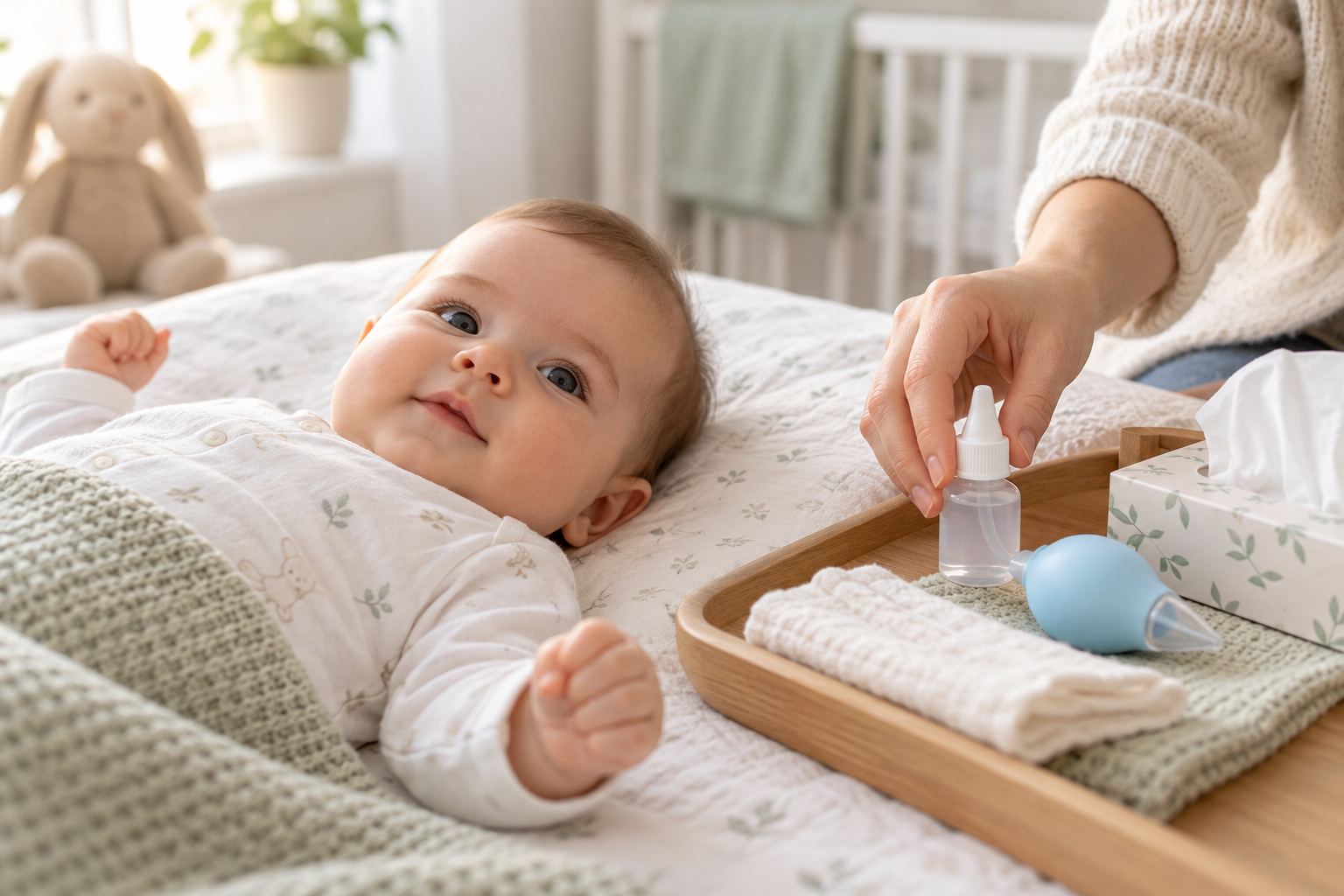 Bebeluș liniștit și accesorii curate pregătite pentru igiena nazală