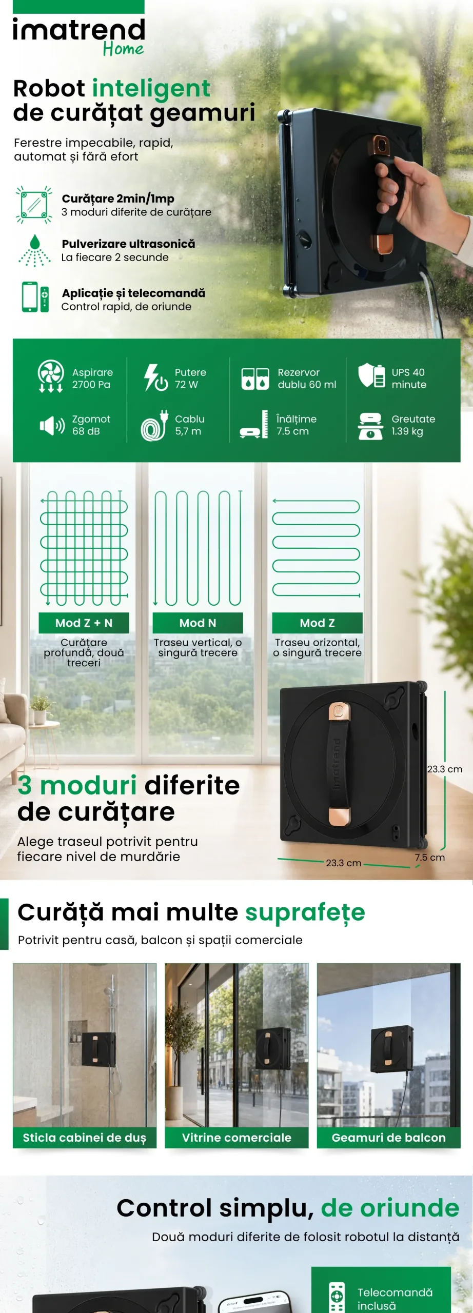 Descriere grafică pentru Robot pentru curățarea geamurilor IMA Trend, model A, negru, partea 1, cu principalele caracteristici și beneficii
