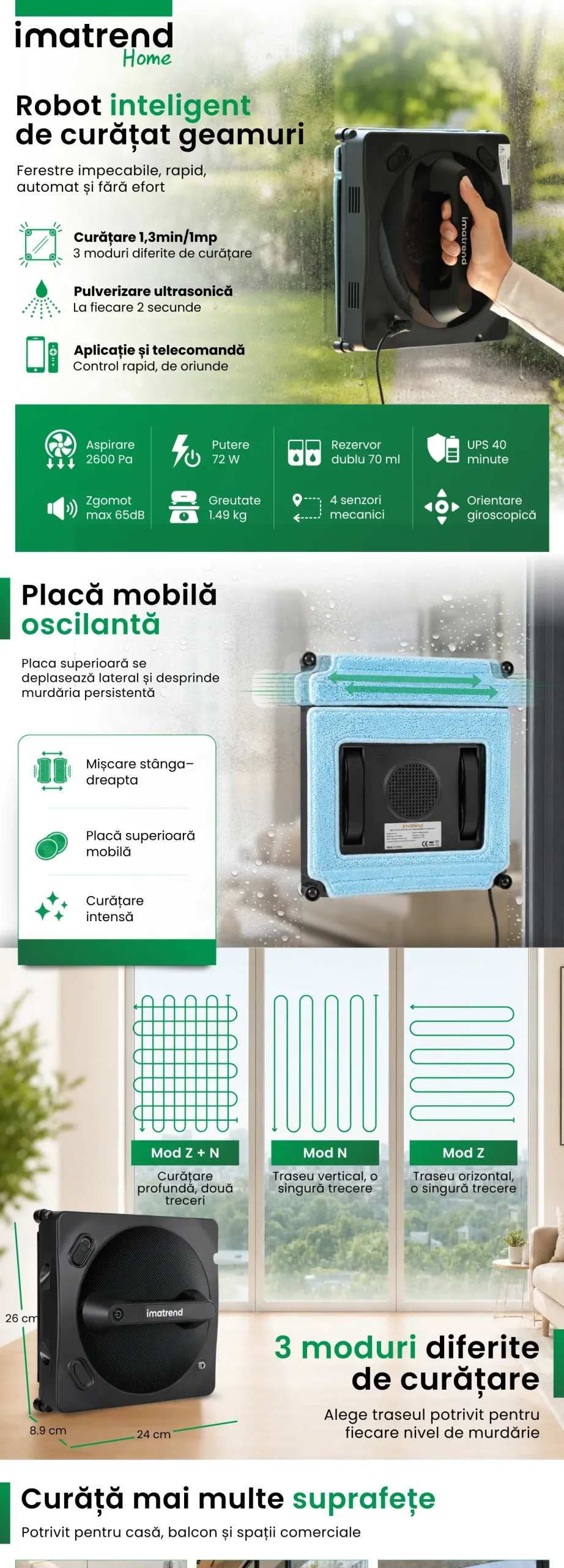 Descriere grafică pentru Robot pentru curățarea geamurilor IMA Trend, model B, partea 1, cu principalele caracteristici și beneficii