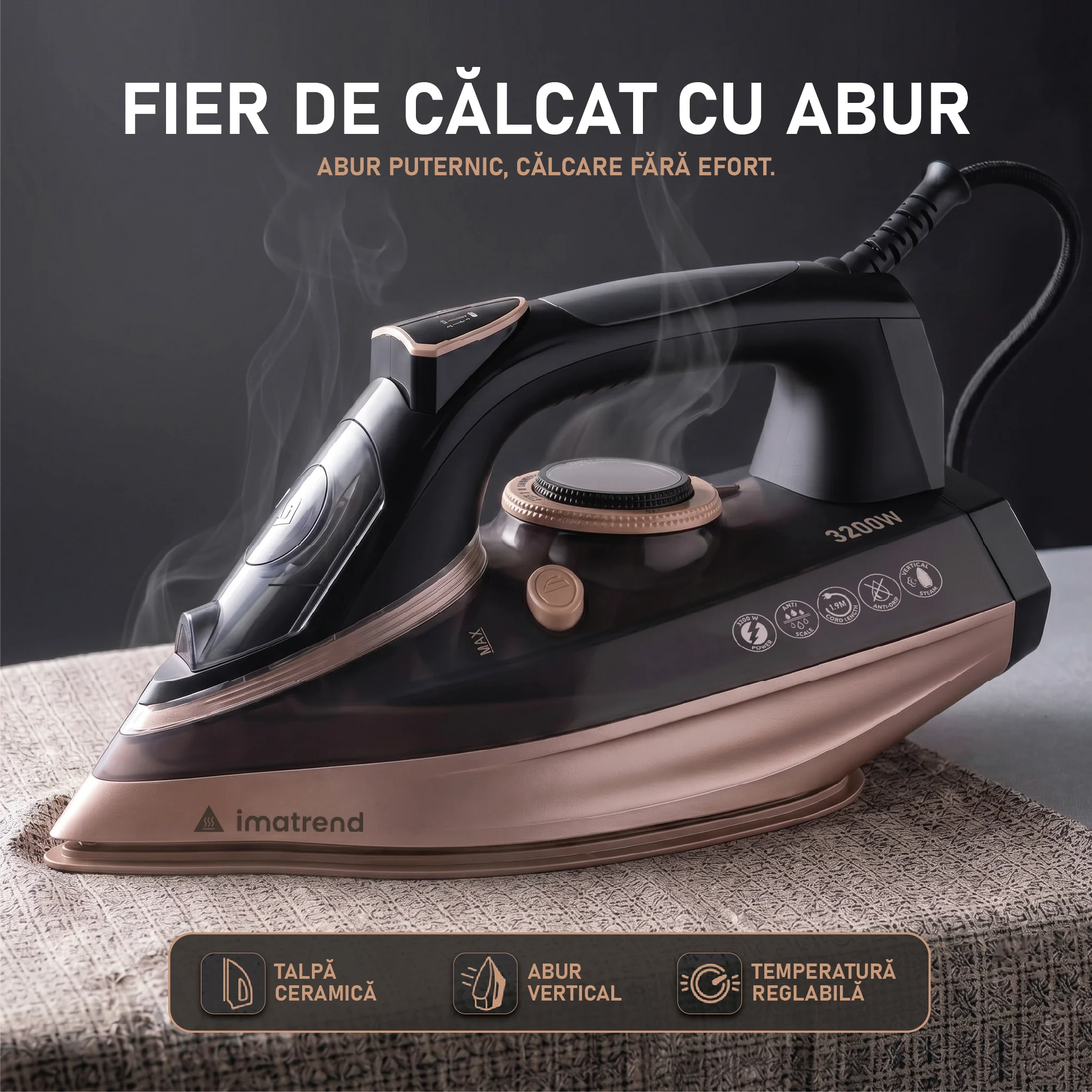 Fier de călcat cu abur IMA Trend 3200W cu talpă ceramică, abur vertical și temperatură reglabilă