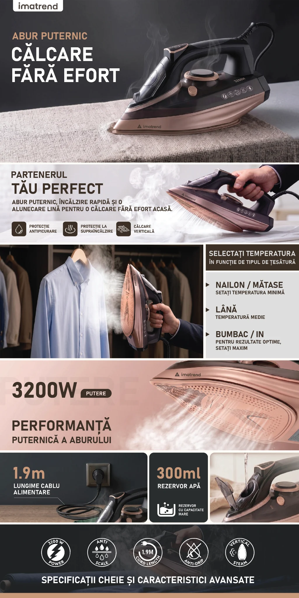 Prezentare completă a fierului de călcat IMA Trend 3200W cu abur vertical și rezervor de 300 ml