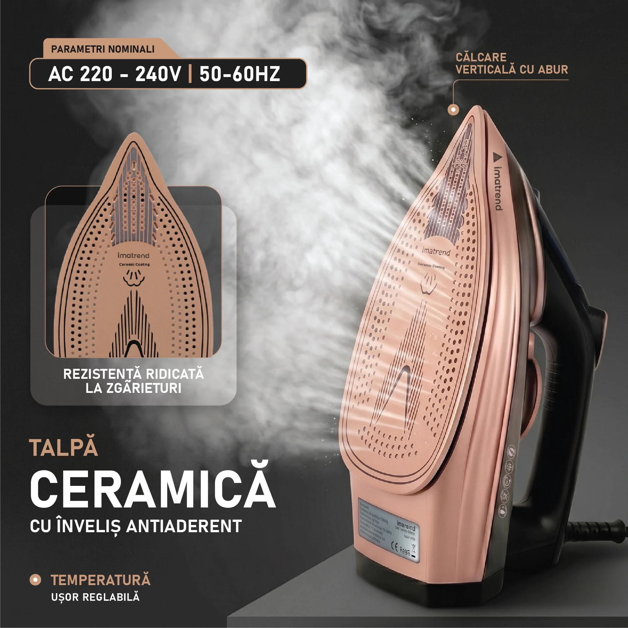 Talpă ceramică antiaderentă a fierului de călcat IMA Trend, rezistentă la zgârieturi