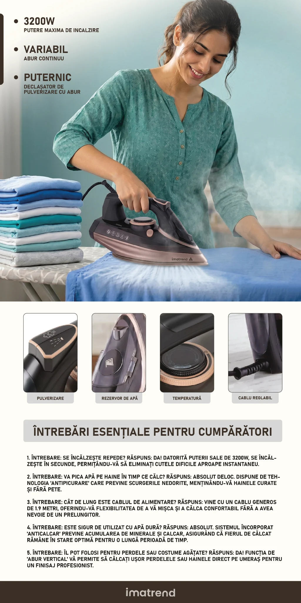 Fier de călcat IMA Trend 3200W în utilizare, cu detalii despre rezervor, temperatură și cablu