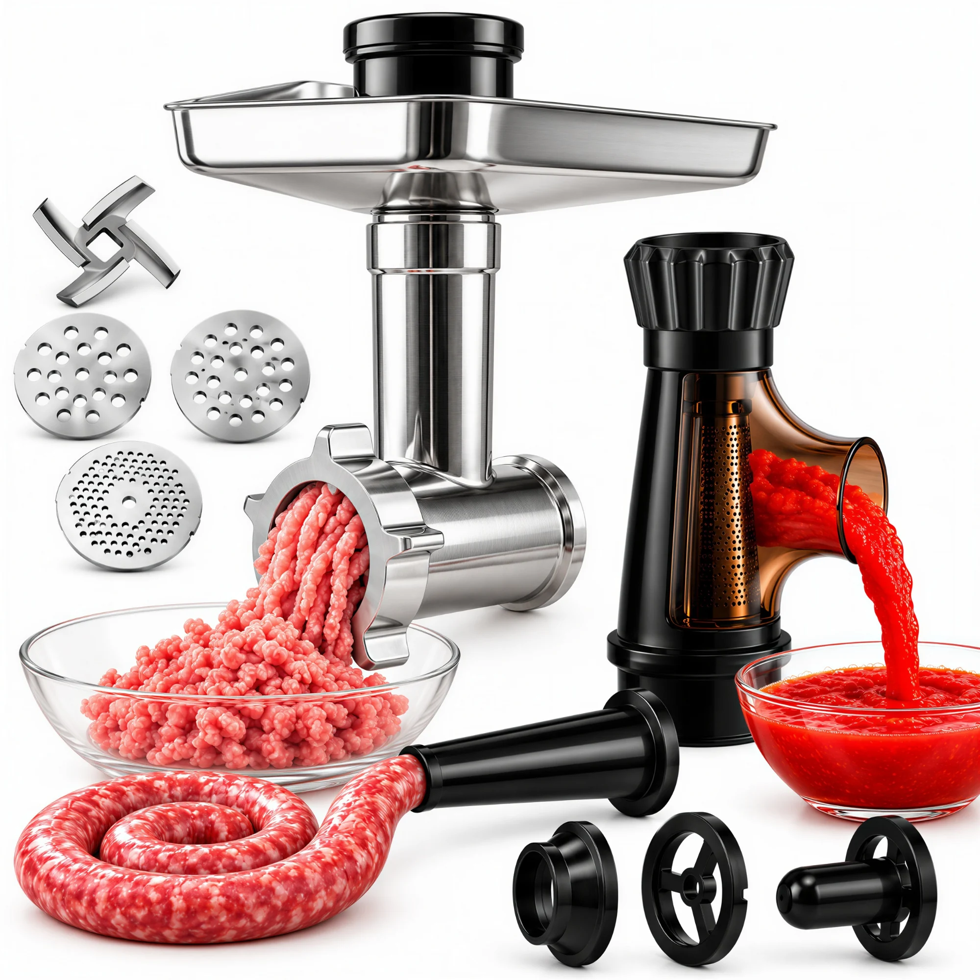 Accesorii mixer IMA Trend – Set complet de accesorii. Accesoriile pentru tocat carne, preparat suc de roșii și umplut cârnați, alături de exemple de preparate.