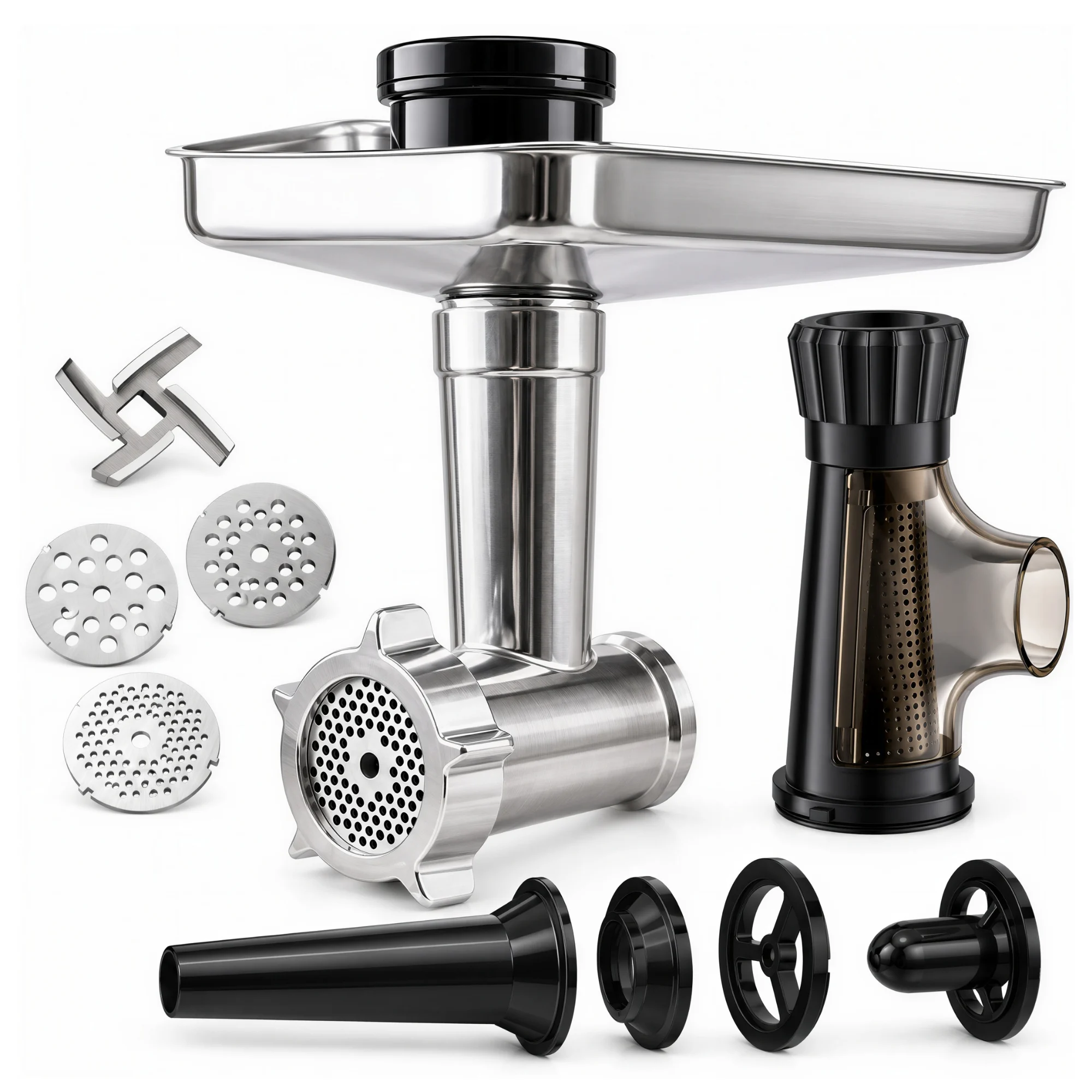Accesorii mixer IMA Trend – Componentele setului. Toate componentele setului de accesorii pentru mixer, prezentate pe fundal alb.