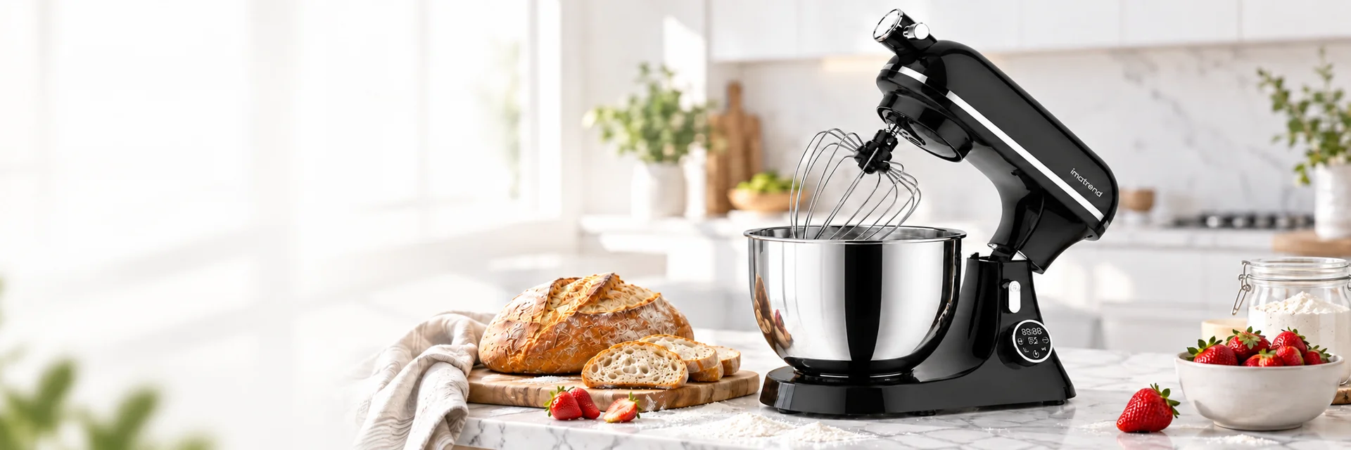 Mixer negru IMA Trend cu bol din inox de 7 litri într-o bucătărie luminoasă