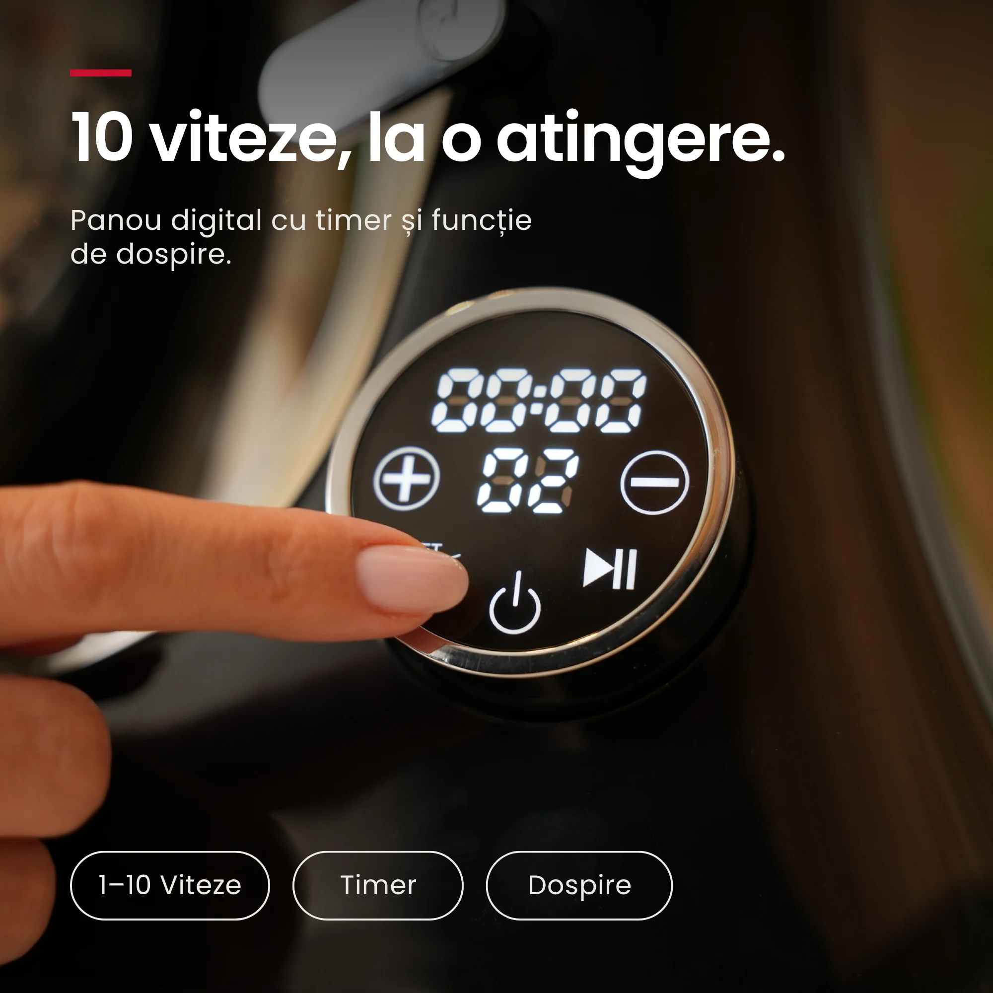 Mixer IMA Trend negru, set standard – Panou digital tactil. Panoul tactil permite selectarea celor 10 viteze, a temporizatorului și a funcției de dospire.