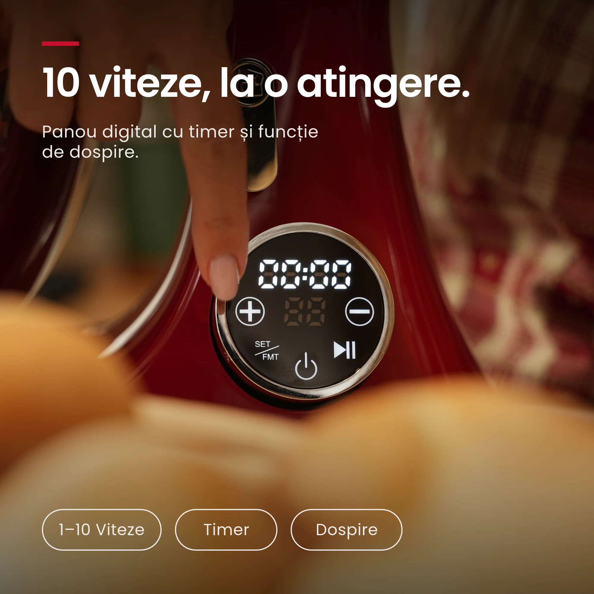 Mixer IMA Trend roșu, set standard – Panou digital tactil. Panoul tactil permite selectarea celor 10 viteze, a temporizatorului și a funcției de dospire.